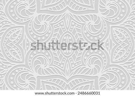 Embossed white lace background, cover design, banner. Geometric tribal 3D pattern. Ethnic ornaments, arabesques, mandala. Handmade exotic. Motifs of the East, Asia, India, Mexico, Aztec, Peru.