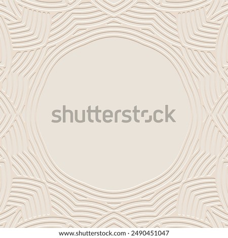 Embossed light lorem background, cover design, banner, logo. Place for text, frame. Geometric tribal 3D pattern. Ethnic ornaments, mandala, handmade East, Asia, India, Mexico, Aztec, Peru. 