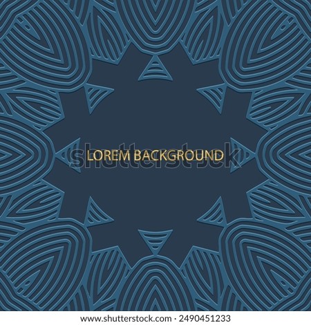 Embossed blue lorem background, cover design, banner, logo. Place for text, frame. Geometric tribal 3D pattern. Ethnic ornaments, mandala, handmade East, Asia, India, Mexico, Aztec, Peru.