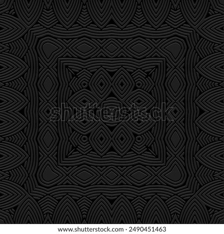 Embossed black background, cover design, banner, logo. Geometric tribal original 3D pattern. Ethnic ornaments, mandala, handmade East, Asia, India, Mexico, Aztec, Peru.