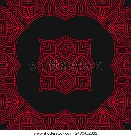 Black background, cover design, banner, logo. Geometric tribal red decorative pattern. Ethnic element. Ornaments, mandala, handmade East, Asia, India, Mexico, Aztec, Peru.