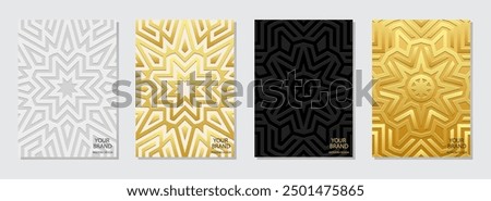 Set of covers, vertical original templates. Collection of relief, geometric backgrounds with 3D patterns, embossing. Ornaments, mandala, logo. Ethnic motifs of the East, Asia, India, Mexico, Aztec