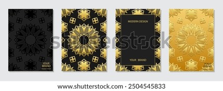 Set of covers, vertical templates. Collection of relief, geometric backgrounds with 3D patterns, embossing. Gold ornaments, mandala, logo. Decorative ethnic group of the East, Asia, India, Mexico