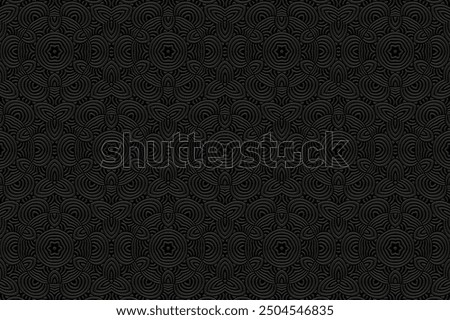 Embossed black background, tribal cover design, banner. Geometric openwork floral 3D pattern, embossing. Ornaments, handmade. Decorative ethnic group of the East, Asia, India, Mexico, Aztec, Peru.