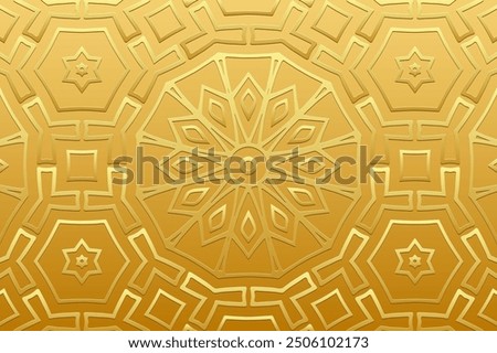 Embossed gold background, tribal cover design, banner. Geometric floral gold 3D pattern, embossing. Ornaments, unique handmade. Decorative ethnic group of the East, Asia, India, Mexico, Aztec, Peru.