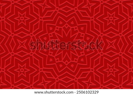 Embossed red background, tribal cover design, banner. Geometric stylish 3D pattern, embossing. Ornaments, unique handmade. Decorative ethnic group of the East, Asia, India, Mexico, Aztec, Peru.
