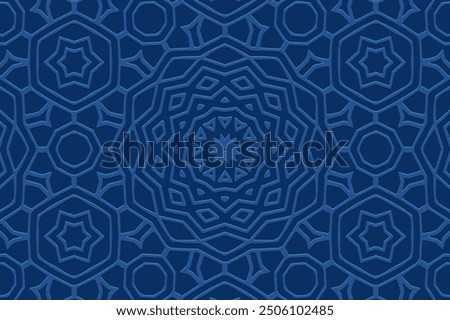 Embossed blue background, tribal cover design, banner. Geometric openwork 3D pattern, embossing. Ornaments, unique handmade. Decorative ethnic group of the East, Asia, India, Mexico, Aztec, Peru.