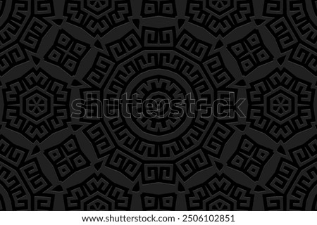 Embossed black background, tribal cover design, banner. Geometric 3D pattern, embossing, meander. Greek ornaments, unique handmade. Decorative ethnic group of the East, Asia, India, Mexico, Aztec