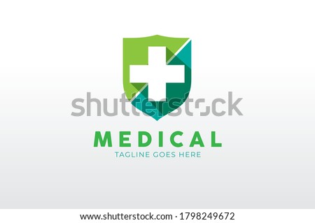 Medical Logo, Shield Icon with cross inside isolated on White Background. Flat style Logo Design Template, vector illustration