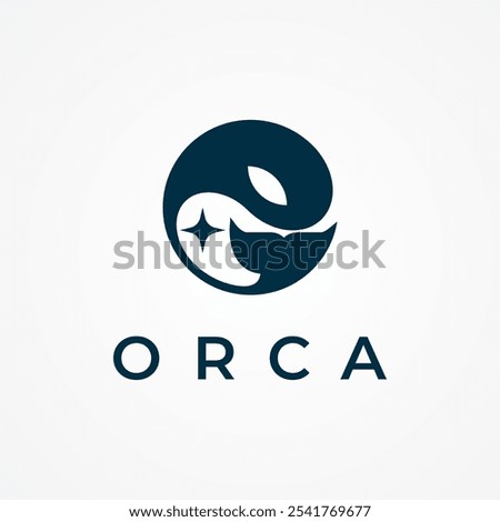 Orca Logo Design, minimalist orca with star inside, flat design logo template element, vector illustration