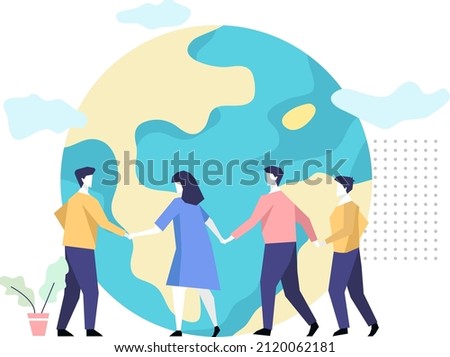 People join hands around the earth. Image in flat style