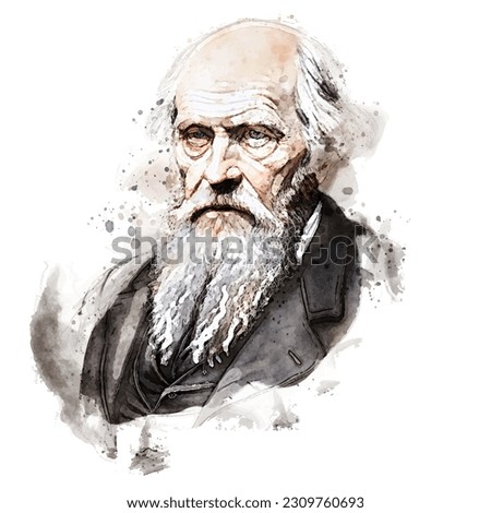 Yogyakarta, Indonesia. May 29, 2023: portrait of Charles Robert Darwin in watercolor style