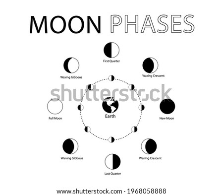 Earth and phases of moon around on white background