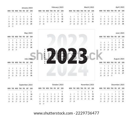 2023 Calendar year vector illustration. The week starts on Monday. Annual calendar 2023 template.