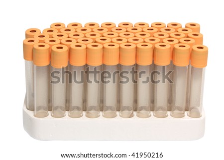 test tubes with orange covers in rack isolated on white