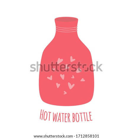 Medical rubber water bottle for painful periods and menstrual. Zero waste menstruation period, cramp problems, menstrual pain, women stomach issues concepts. Cartoon. Flat. Vector stock illustration.