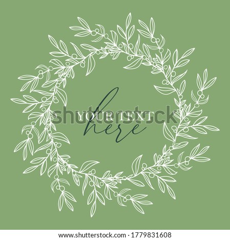 Greenery, Leaf Frame and Laurel Wreath with berries. Elegant floral background. Promotion square web banner for social media mobile apps. Editable template for social networks posts. Outline.