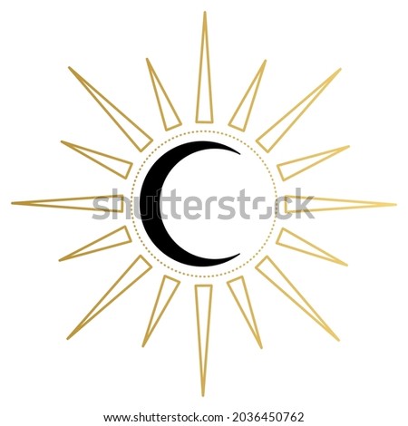 The crescent moon with sun rays and stars. Wicca, alchemy, mystical, magic, celestial, esoteric, sacred, spiritual, occultism inspired concept. Hand drawn vector