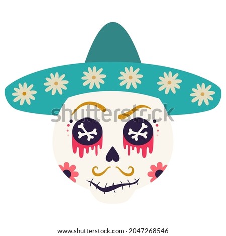 Man in a mexican hat. Sugar skull, Sugar Head, Skull Face, Cartoon Skeleton, Dead Head and Human Skulls. Mexico. Dead head and human skulls. Halloween, Day of the Dead illustration. Flat hand drawn
