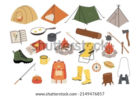 Camping Kit Vector. Camping Gear set. Hiking, holiday trip, picnic, survival in wild, fishing, local travel, trekking concept. Countryside and nature vacation, tourism. Outdoor recreation