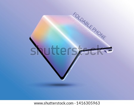 Foldable smartphone with foldable screen. Flexible display of mobile phone bended hanging over table. New technology transforming phone into a tablet. Illustration electronic smart device - Vector