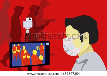 Illustration vector graphic of Health officials check people who come from China with a thermal scanner to scan the corona virus or covid-19 virus.  stop virus outbreak concept. vector EPS10.