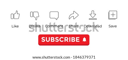 Icon Set for Channel. Like, Dislike, Comment, Share, Download, Save, and Red Subscribe Button. Editable Stroke Vector Illustration