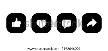 Like, love, comment, and share icon vector on square button. Social media elements