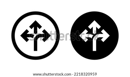 Three-way direction arrow, crossroads icon vector isolated on circle background