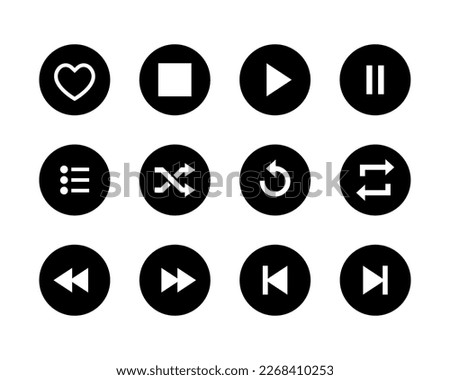 Play, stop, pause, shuffle, repeat, previous, next, favorite, and list. Icon set collection of music app