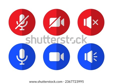 Mute microphone, video camera off, and silent speaker icon vector in flat style