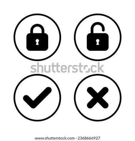 Lock, unlock, check and x cross icon vector in circle line