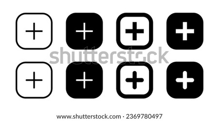 Add icon vector in black square. Social media plus insert button