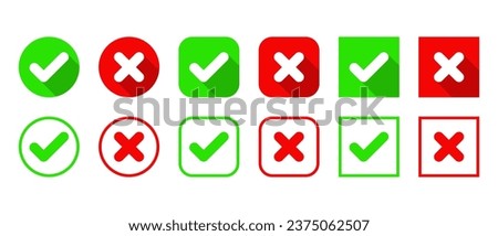 Checkmark and cross icon vector set collection. Check, tick, and x mark sign symbol