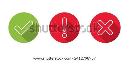 Line of check mark, exclamation and x cross icon vector with long shadow