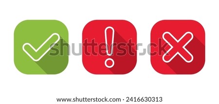 Check mark, exclamation point and cross line icon vector with long shadow