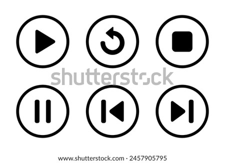 Play, replay, stop, pause, previous, and next track icon on circle line