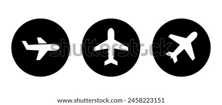 Plane, airplane icon set on black circle. Aircraft, flight concept