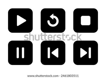 Play, replay, stop, pause, previous, and next track icon on black square