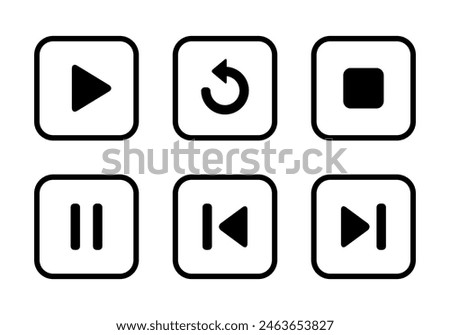 Play, replay, stop, pause, previous, and next track icon on square line