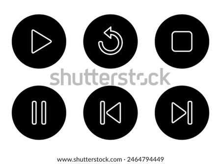 Play, replay, stop, pause, previous, and next track icon on black circle