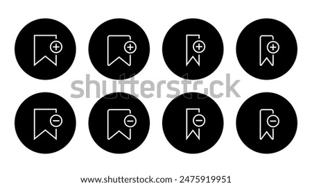 Add and remove bookmark icon set on black circle. Save and unsaved concept