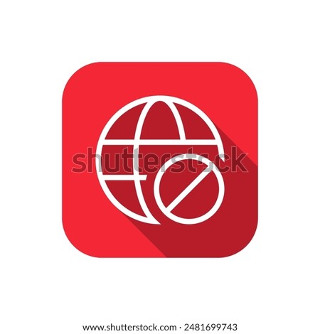 No internet, offline globe icon with long shadow. Web, website sign symbol on red square