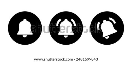 Notification bell icon set on black circle. Alert, alarm sign symbol