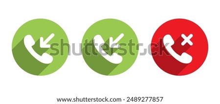 Incoming, outgoing, and missed call phone icon with long shadow