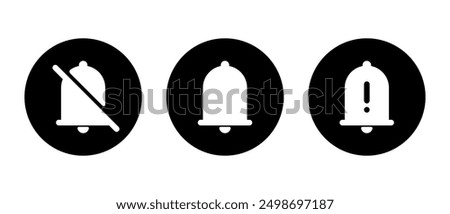 Bell notification icon set on black circle. Silent alert and warning notice sign symbol