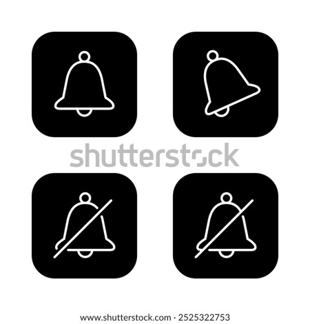 Notification bell icon set on black square. Ringing bells concept