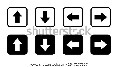 Up, down, left, and right arrow icon set on black square. Upward, downward, leftward, and rightward sign symbol