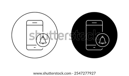 Mobile phone with bell icon on black circle. Cellphone notification sign symbol