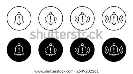 Bell line with exclamation mark icon on black circle. Warning notification outline sign symbol